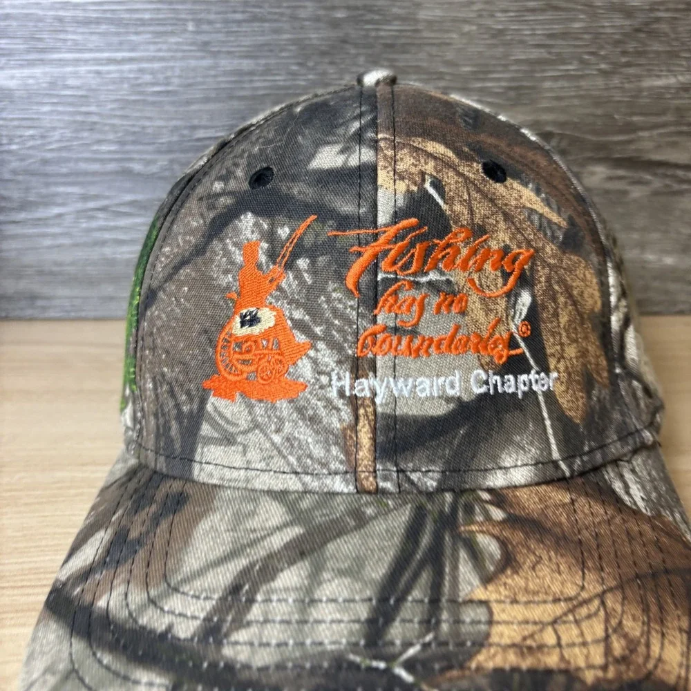 Fishing Has No Boundaries Hat Cap Strap Back Camouflage Hayward Chapter Mens Cam